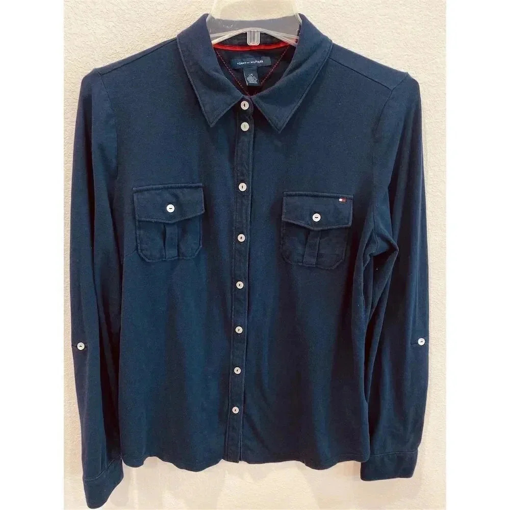 Tommy Hilfiger Women's Long Sleeve Button Down Shirt Navy Blue Size L